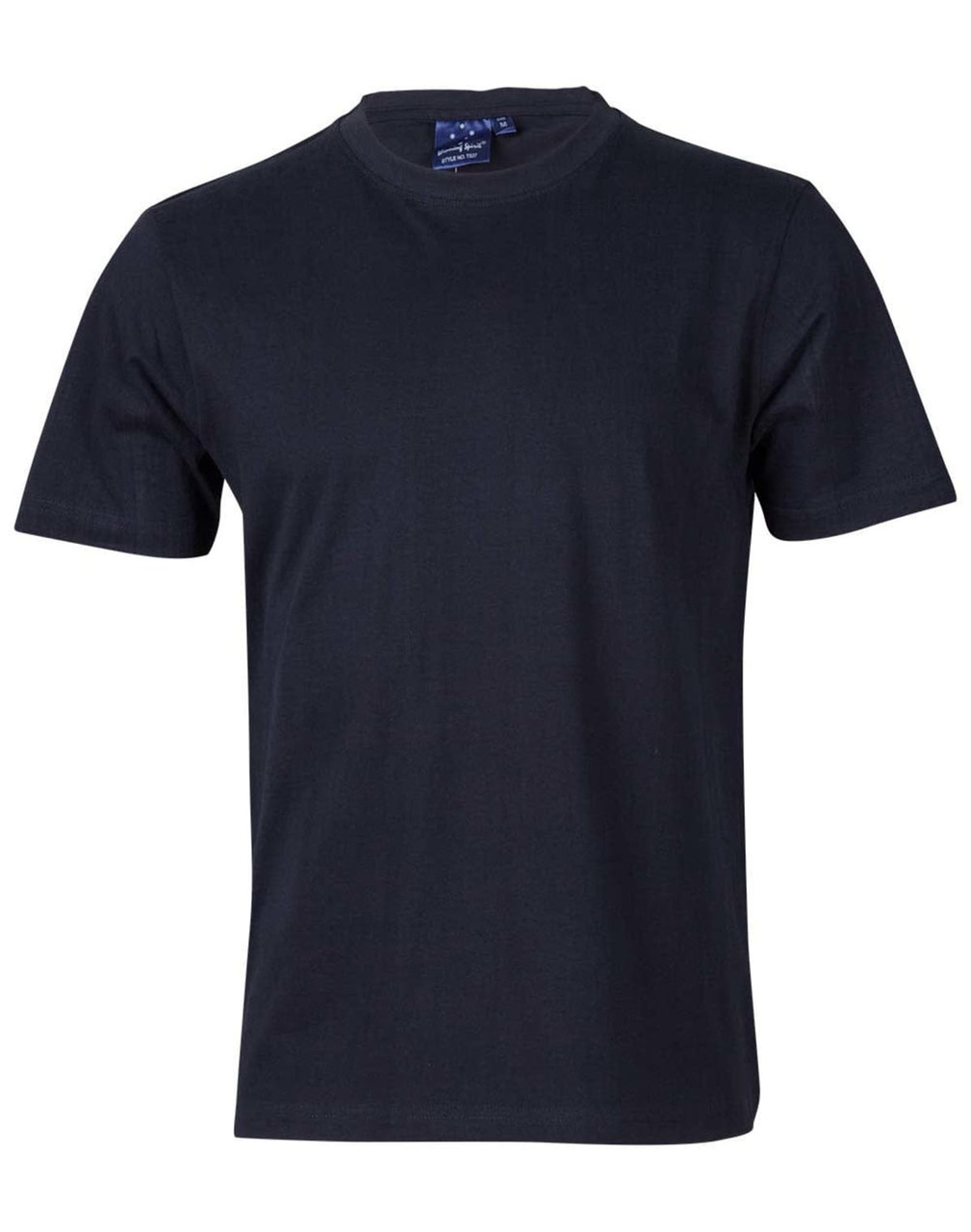 A black semi-fitted cotton tee for kids, featuring short sleeves and a crew neck. It includes a logo on the label.