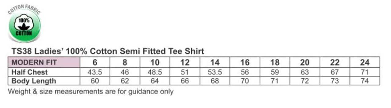 A table displaying size measurements for the Ladies' 100% Cotton Semi Fitted Tee, including half chest and body length.