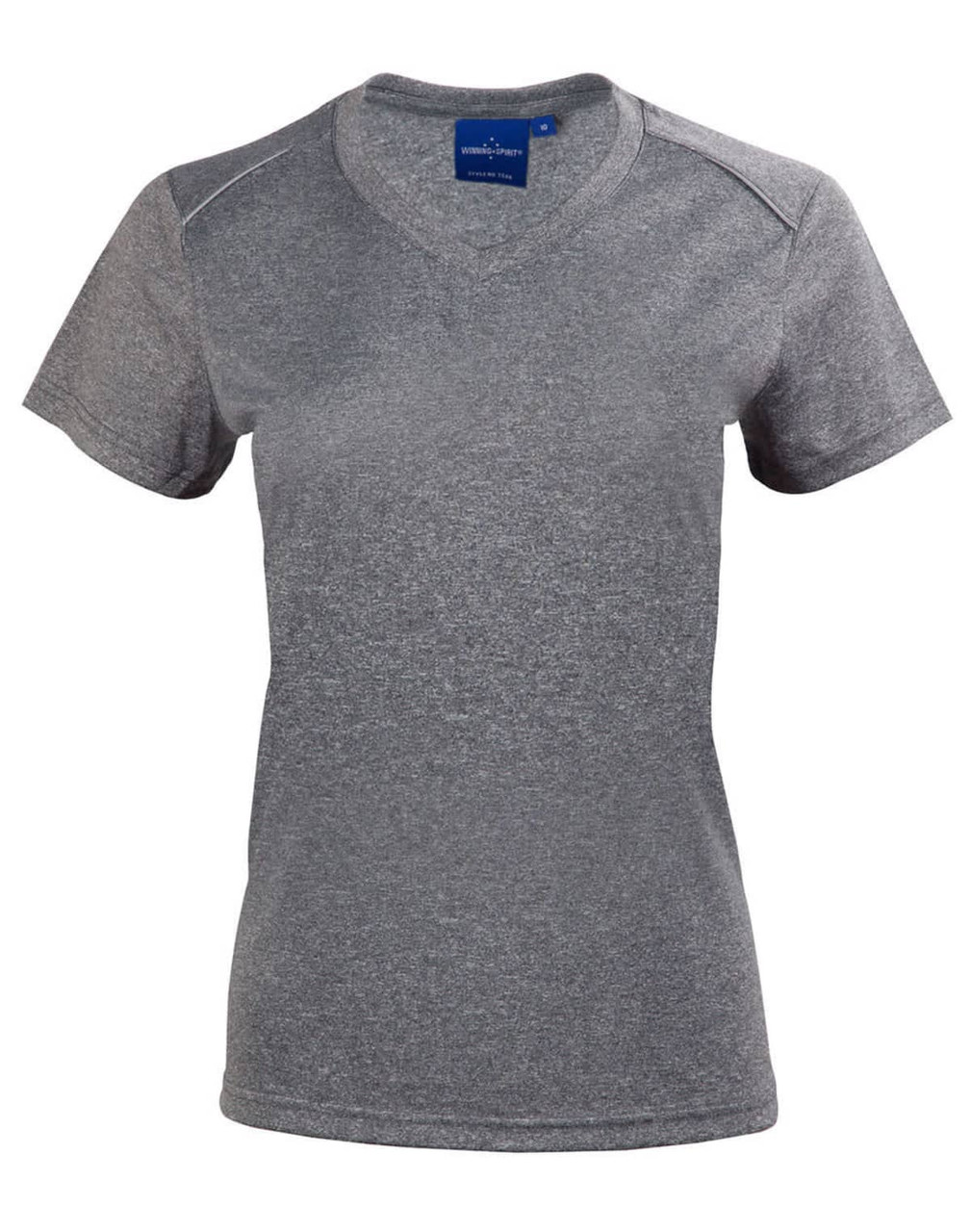 A grey women's short sleeve tee featuring a v-neck design, with a logo on the label.