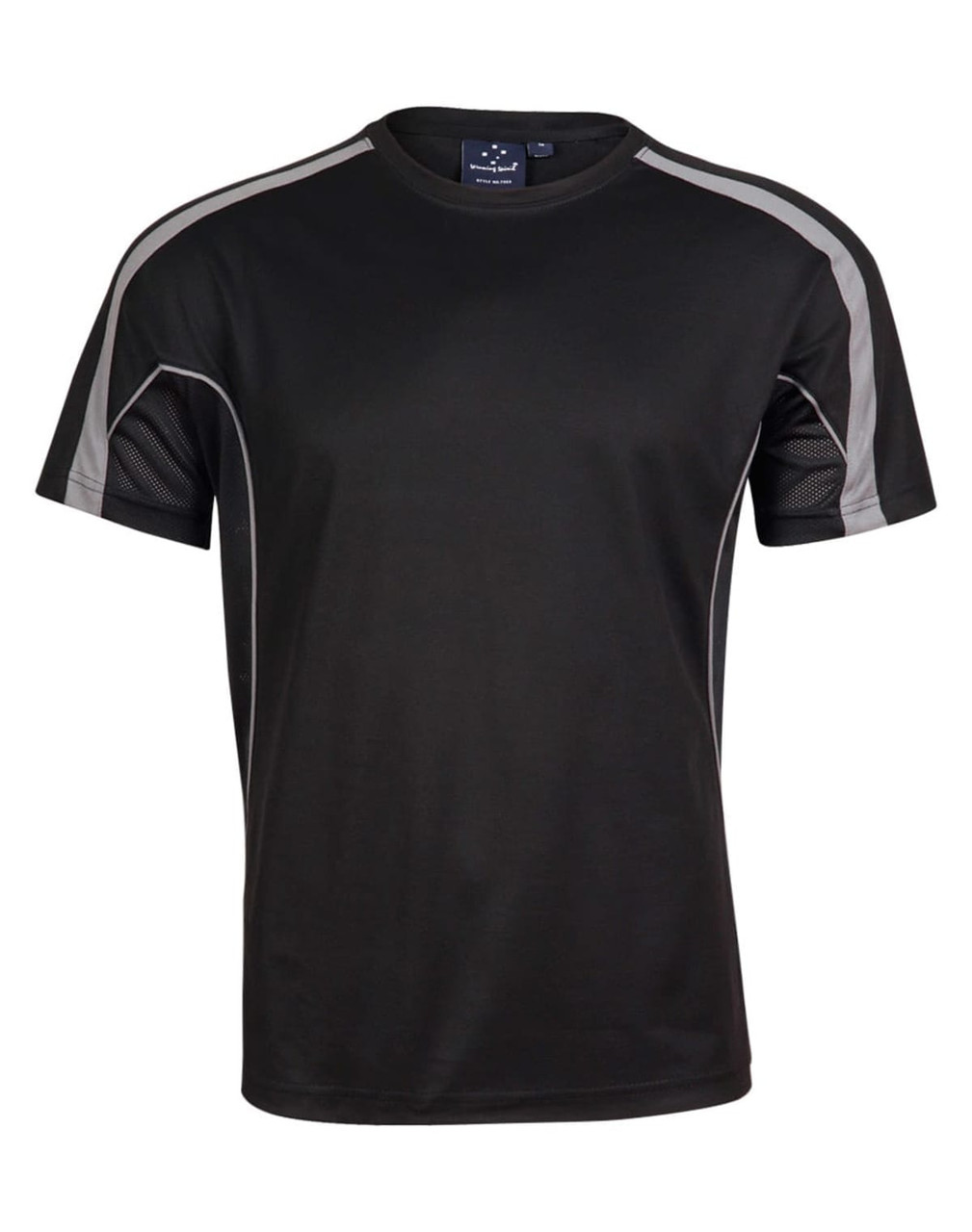 A black short-sleeve t-shirt featuring mesh panels and contrasting grey accents, with a label inside.