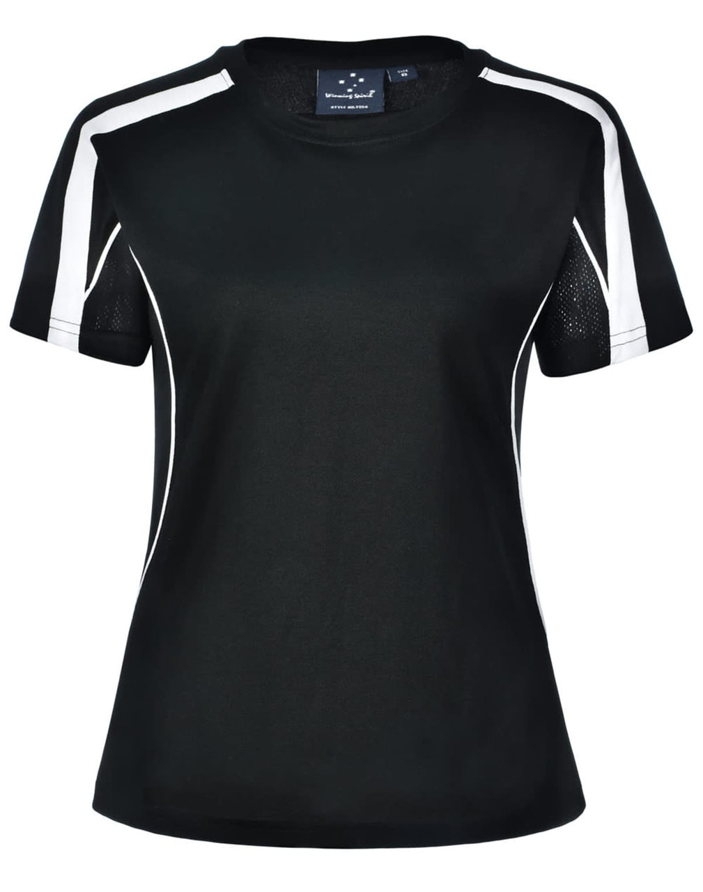 A ladies' short-sleeve T-shirt in black with white panel accents and a logo. Features a sporty design and mesh elements.