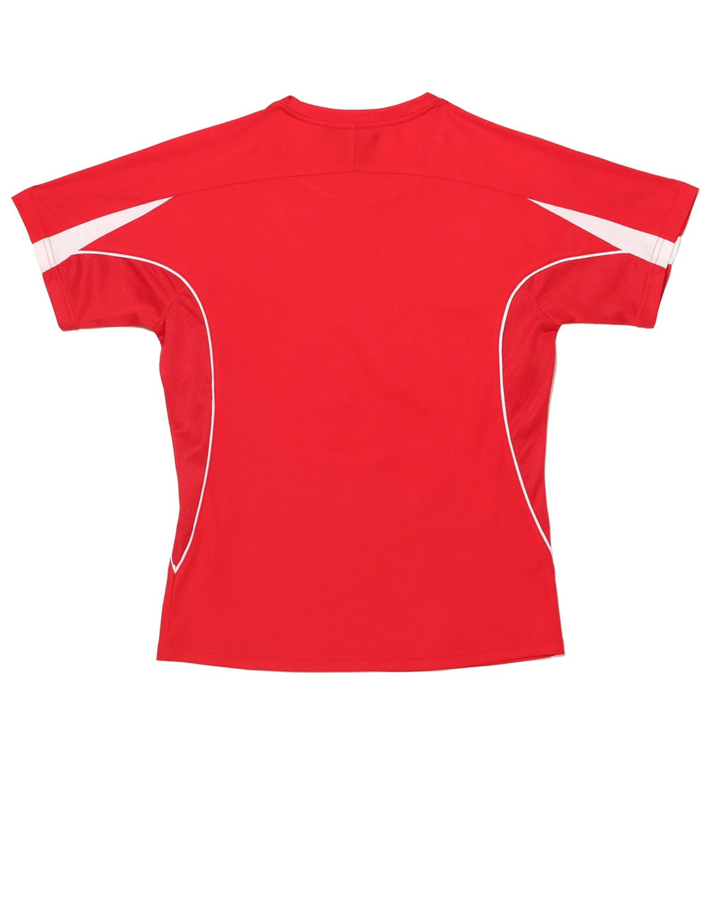 A red ladies' T-shirt with white detailing and a logo on the back.
