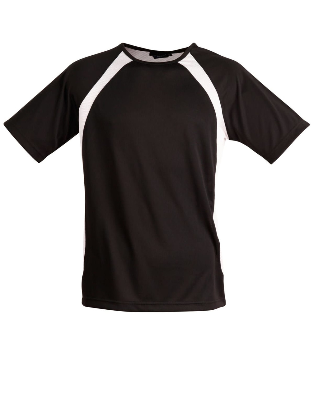 A black men's t-shirt featuring white accents on the sleeves, with a logo on the chest area.