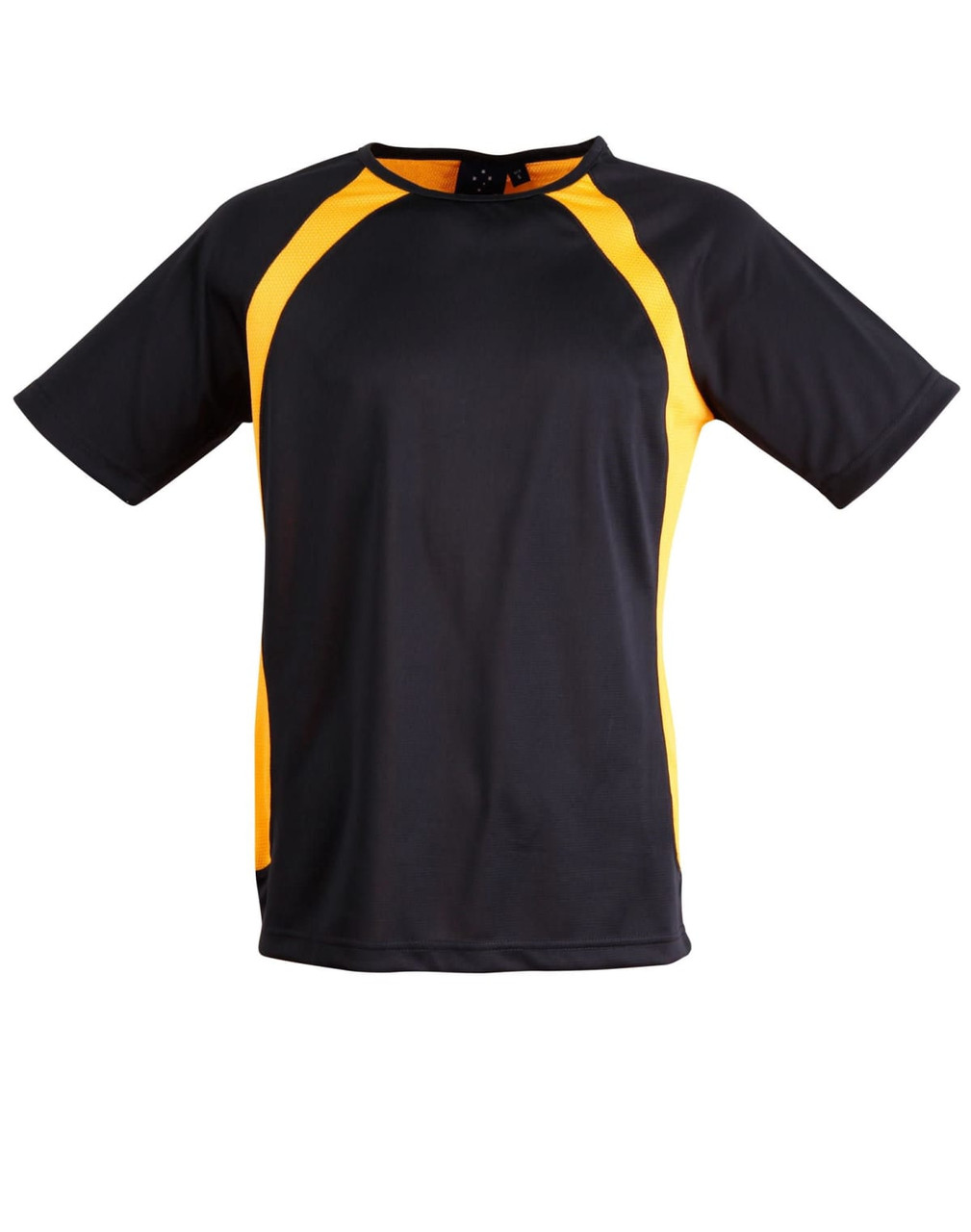 A men's t-shirt featuring a black body with yellow accents and short sleeves, complete with a logo.