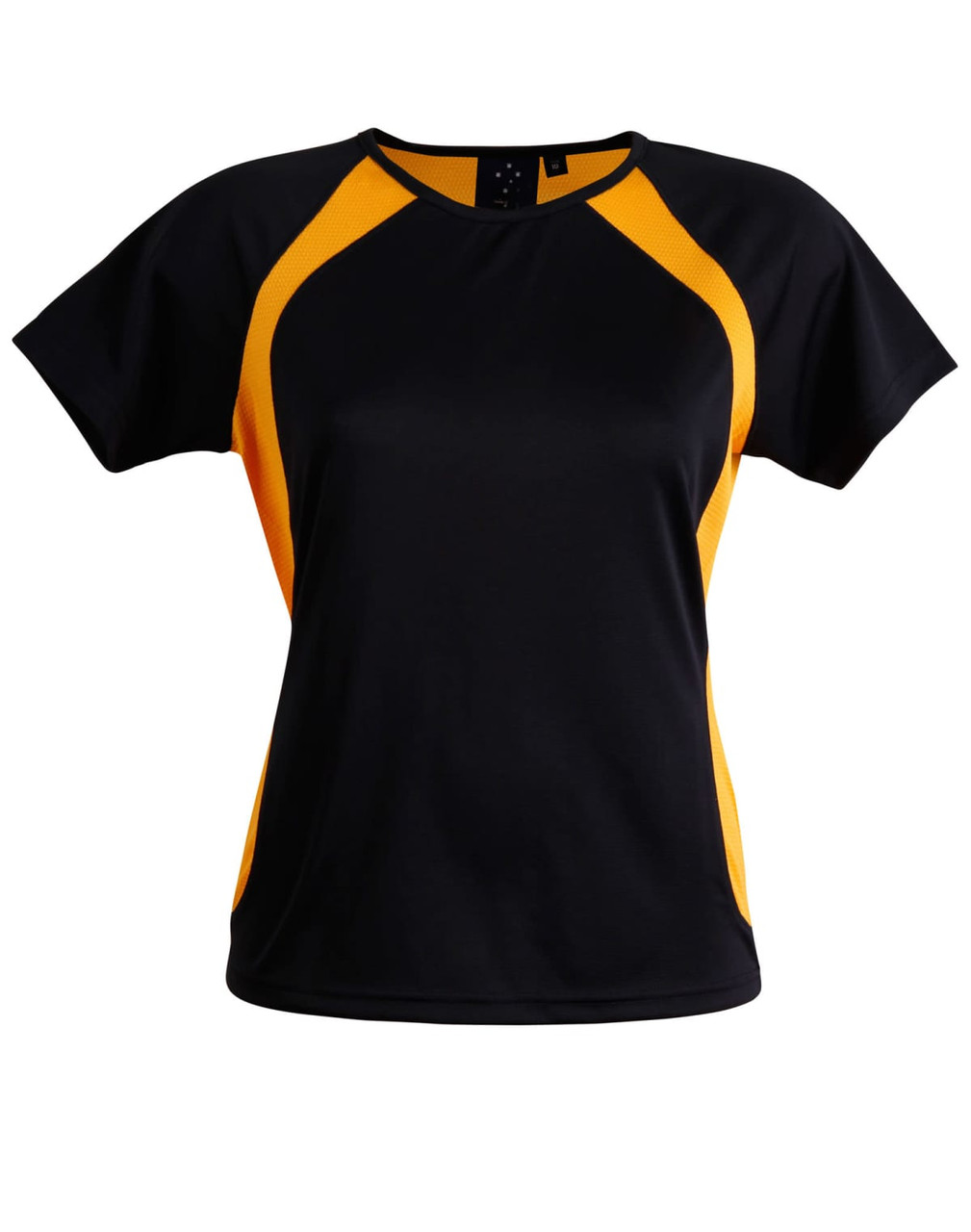 A black and yellow ladies' t-shirt with a sporty design and a logo.