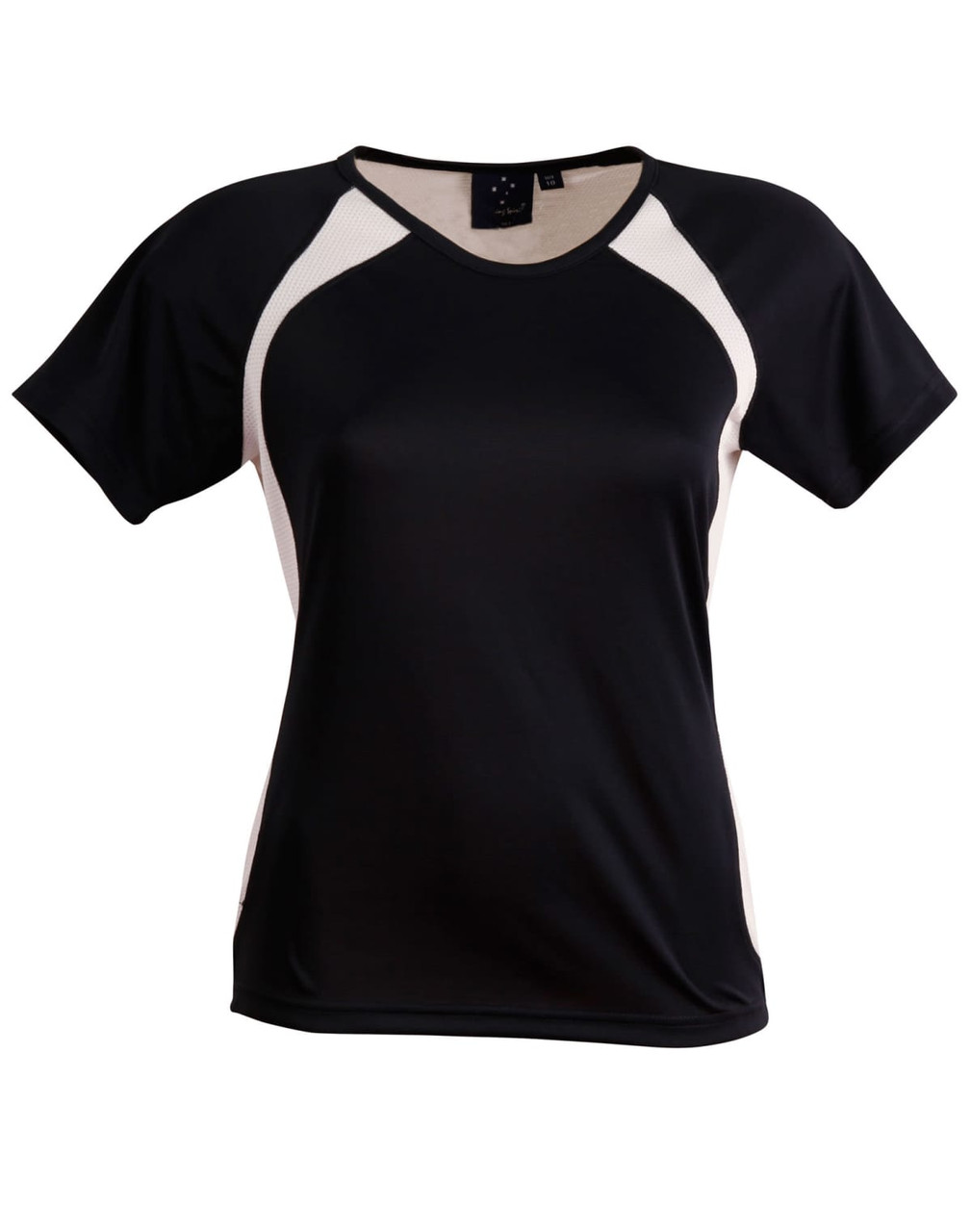 A black ladies' tee shirt featuring light beige accents and a logo on the label.