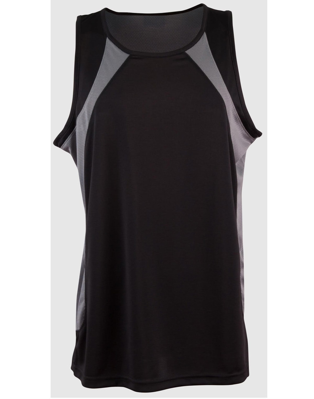A black men's sprint singlet with grey mesh panels and a logo. Features a sleeveless design for active wear.