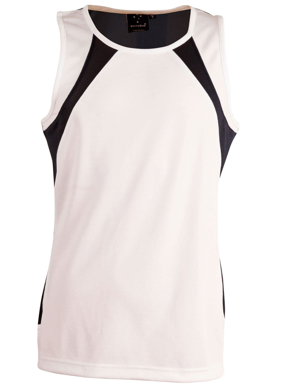 A men's sprint singlet featuring a white body with black side panels and a branded logo at the neckline.