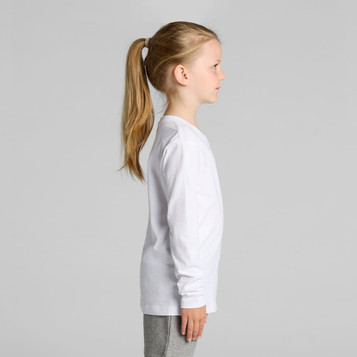 A side view of a girl wearing a white long-sleeve t-shirt, with her hair in a ponytail.