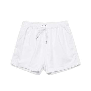 A pair of white dress shorts featuring an elastic waistband with a drawstring and a logo.