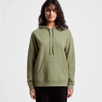 An olive green hoodie with a front pocket and adjustable drawstring hood. The model is standing and facing forward.