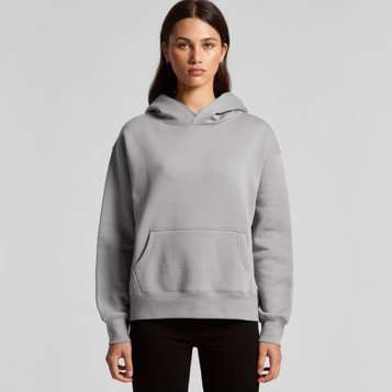A grey hoodie with a front pocket and a hood, featuring a logo. Model displaying the garment.