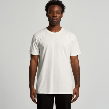 A plain white organic t-shirt displayed on a model against a neutral background. The shirt has a simple design and a logo.