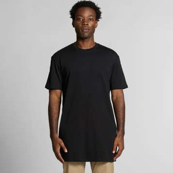 A black Tall Tee t-shirt with short sleeves, featuring a simple design and a slight elongation at the hem.