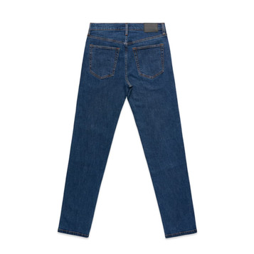 A pair of blue standard jeans featuring a sleek back design and two rear pockets. The jeans have a logo on the waistband.