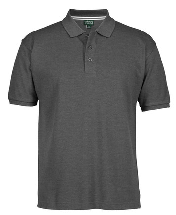 A grey pique polo shirt featuring a collar and a logo. It has short sleeves and three buttons at the neckline.