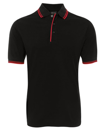 A black polo shirt with red contrast accents on the collar and sleeves, featuring a three-button placket and a logo.