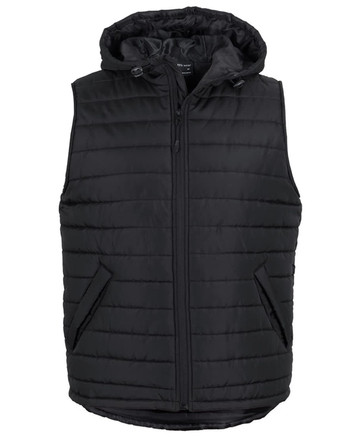 A black hooded puffer vest with a zip front and side pockets, featuring a logo.