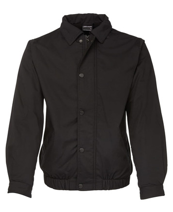 A black polar fleece jacket with a collar, snap buttons, and side pockets. It features a logo.
