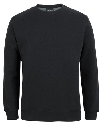 A black jumper with a crew neck and long sleeves. It features a solid design and includes a branding logo.