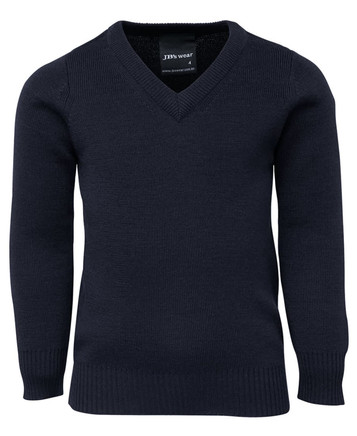 A knitted jumper in navy blue featuring a v-neck design and long sleeves. Includes a brand logo.