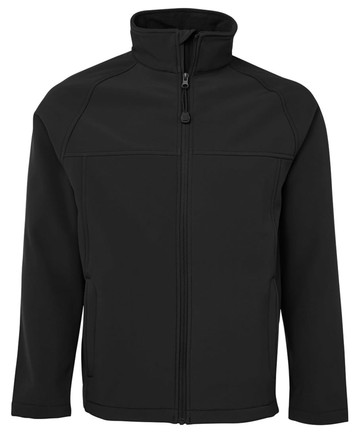 A soft shell jacket in black with a zip front and side pockets, featuring a logo on the chest area.