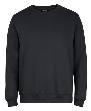 A black jumper sweater featuring a round neckline and long sleeves, with a logo near the neckline.