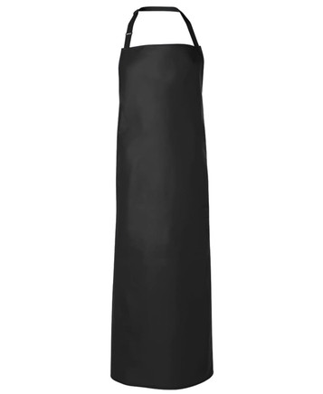 A black vinyl apron, 90 x 120 cm, featuring an adjustable neck strap and a simple design. It has a logo.