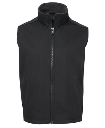 A black vest with a high collar and full front zipper. It features a soft inner lining and has a logo.