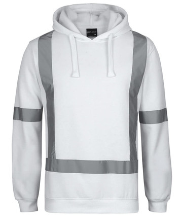 A white fleece hoodie featuring reflective tape details and a front pocket, with a logo on the label.