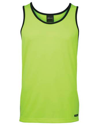 A bright lime green singlet with contrasting black trim and a label, designed for workwear.