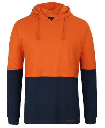 An orange and navy hooded long-sleeve cotton tee with a pocket and a logo.