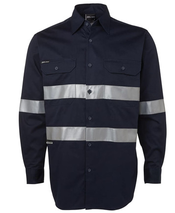 A navy work shirt featuring reflective stripes and two chest pockets. It includes a branded logo.