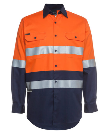 A long-sleeved work shirt in orange and navy, featuring reflective stripes and a branding logo.