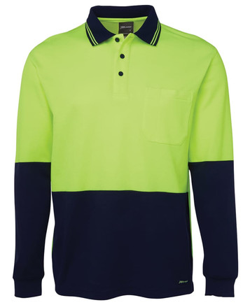 A long-sleeve polo shirt in high visibility lime green and navy blue, featuring a pocket and a logo.