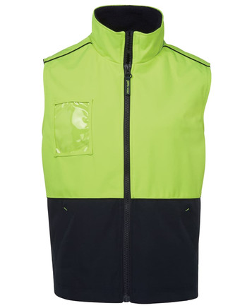 A high-visibility work vest in bright lime green and navy, featuring a zippered front and a small pocket.