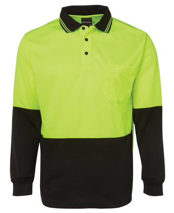 A long-sleeved polo shirt in bright yellow and black, featuring a pocket and a logo.
