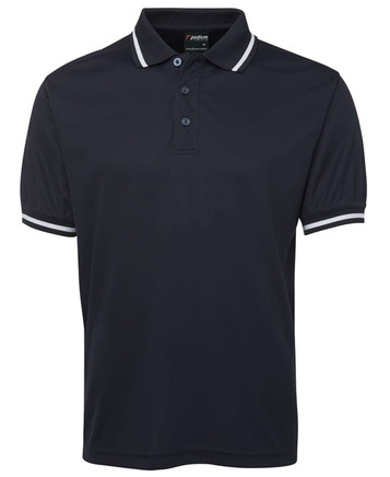 A navy polo shirt with a classic collar and contrasting white stripes on the sleeves. It features a logo on the chest.