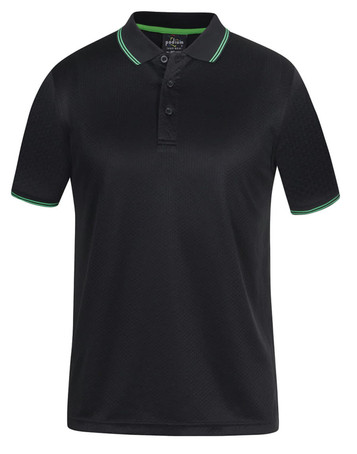 A black polo shirt featuring green contrast details and a logo. The shirt has a collar and button closure.