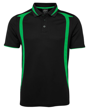 A black polo shirt featuring green accents and a logo on the chest. Suitable for promotional use.
