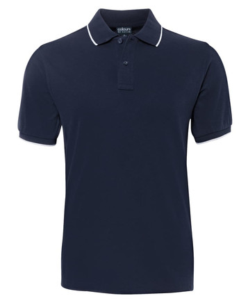 Navy polo shirt with white detailing, featuring a collar and short sleeves. Includes a logo.