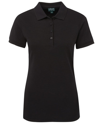 A black ladies' polo shirt with a collar, short sleeves, and a buttoned placket. Features a logo.