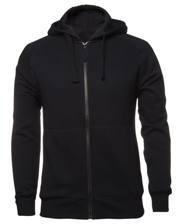 A black zip-up hoodie featuring a hood, long sleeves, and a fitted design. The garment has a logo.