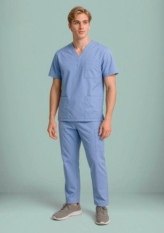 A model wearing light blue scrub cargo pants and a matching scrub top, featuring pockets and a logo.