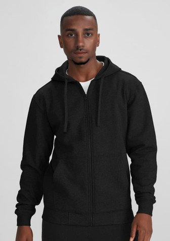 A black men's crew zip hoodie featuring a front zip and hood, displaying a casual style. It has a logo on it.