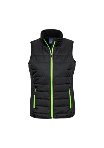 A women's black vest featuring a zip front and green accents, with two side pockets and a high collar.