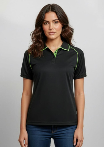 A black women's short sleeve polo shirt with green accents and a logo on it.