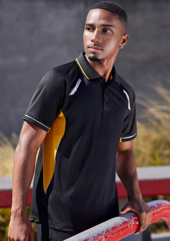 A black and yellow short sleeve polo shirt with an athletic fit and a logo. Perfect for casual or sporty occasions.