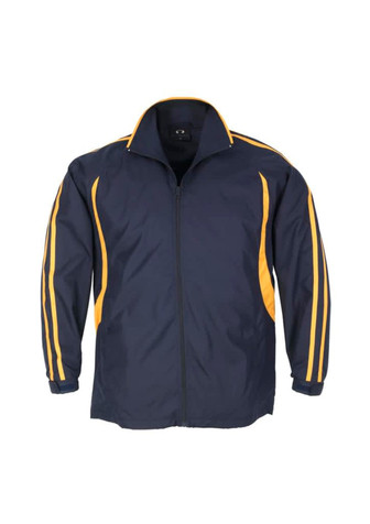 A navy track jacket with yellow stripes running down the sleeves and a zip front. It has a logo on the chest area.