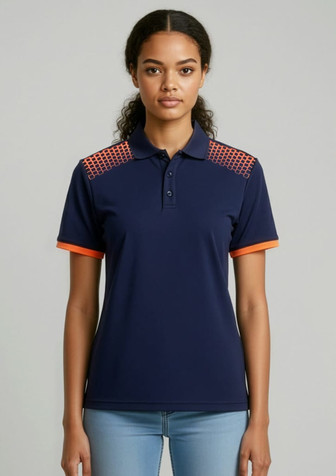 A navy women's short sleeve polo shirt with orange accents and a patterned design on the shoulders. Features a logo.